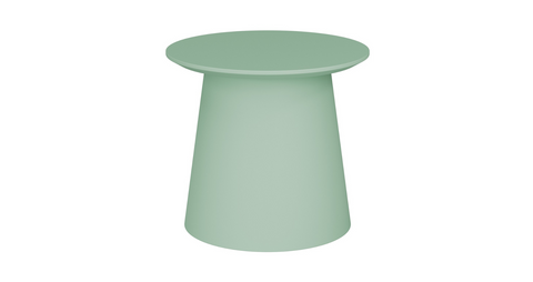 Small green Bobbi table with polypropylene base and sharknose MDF top, nestable and easy to move.