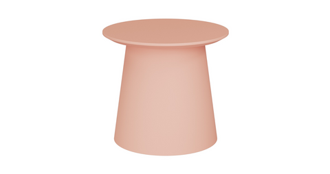 Small pink Bobbi table with cylindrical polypropylene base and sharknose MDF top, ideal for nesting or accent use.