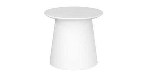 Small white Bobbi table with curved polypropylene base and sharknose MDF top, lightweight and nestable.