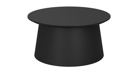 Black Bobbi coffee table with minimalist cylindrical base and painted MDF top, suitable for commercial or residential spaces.