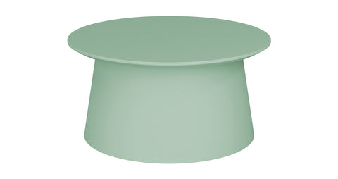 Green Bobbi coffee table with modern cylindrical shape and painted MDF top, lightweight and versatile.
