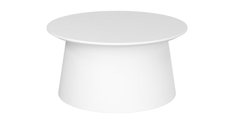 White Bobbi coffee table with cylindrical polypropylene base and painted MDF top, minimalist design for modern interiors.
