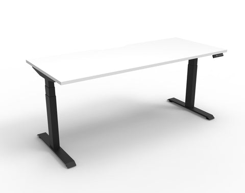 Boost height adjustable desk with a white tabletop and black frame