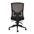 A black mesh high back office chair with a black fabric seat and a 5 star spider base on castors, back view