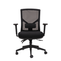 A black mesh high back office chair with a black fabric seat, adjustable arms and a 5 star spider base on castors.