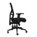 A black mesh high back office chair with a black fabric seat, adjustable arms and a 5 star spider base on castors.