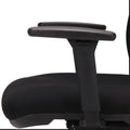 Close up of Breeze black mesh high back office chair with a black fabric seat, adjustable arms 