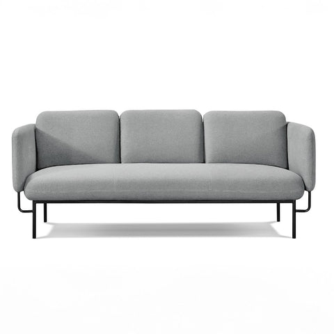 Capri gray 3 seater lounge sofa with a plywood frame and black powdercoat steel base.