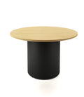 Drum base round table with wooden top and powder coated black base 