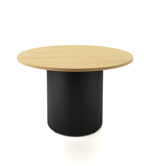 Drum base round table with wooden top and powder coated black base 