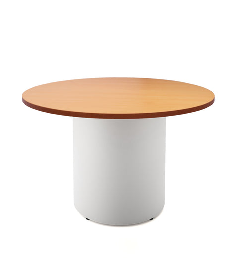 Drum base round table with wooden top and powder coated white base 