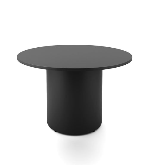 Drum base round table with black top and powder coated black base 