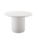 Drum base round table with white top and powder coated white base 