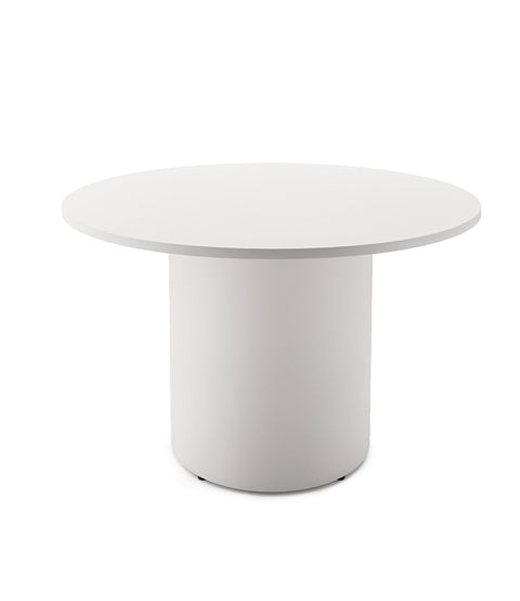 Drum base round table with white top and powder coated white base 