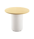 Drum base round table with wooden top and powder coated white base 
