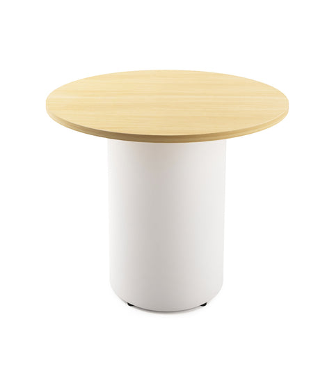 Drum base round table with wooden top and powder coated white base 