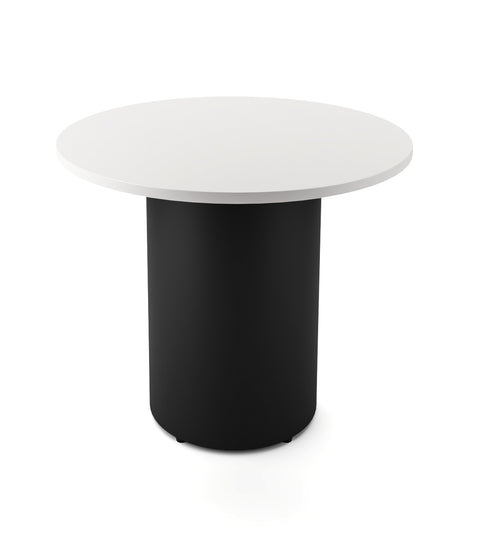 Drum base round table with white top and powder coated black base 