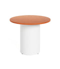 Drum base round table with wooden top and powder coated white base 