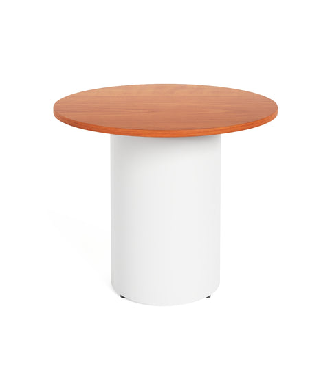 Drum base round table with wooden top and powder coated white base 
