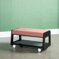 Etch unit configured as a bench seat with black birch plywood base and pink upholstered seat cushion