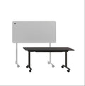 Two Jojo Electric Folding Tables with castor feet, one white folded and one black unfolded in use