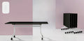 I.AM folding tables with black tops and white frames, shown side by side in upright and folded stackable positions
