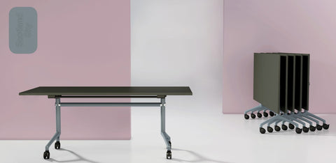 I.AM folding tables with olive tops and grey frames, shown side by side in upright and folded stackable positions
