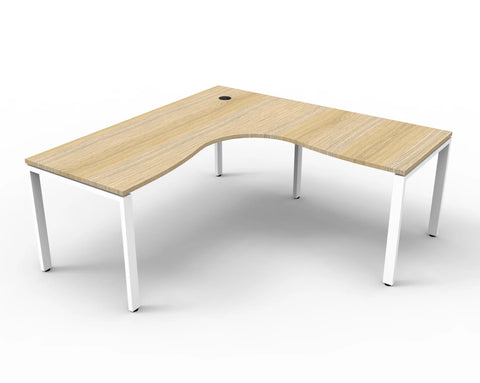 Profile leg static corner workstation with natural oak top and white satin frame, 750mm enviroboard surface and cable entry hole