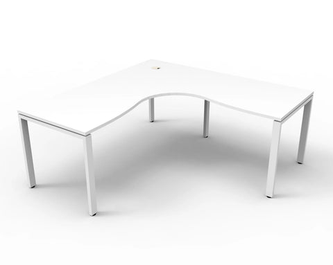 Profile leg static corner workstation with white top and white satin frame, 750mm enviroboard surface and cable entry hole