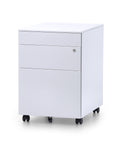 White mobile steel pedestal with three drawers, lock mechanism on the front and lockable castors