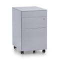 Silver mobile steel pedestal with three drawers, lock mechanism on the front and lockable castors