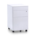White mobile steel pedestal with three drawers, lock mechanism on the front and lockable castors