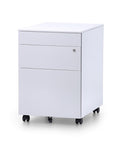White mobile steel pedestal with three drawers, lock mechanism on the front and lockable castors