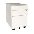 White mobile steel pedestal with three drawers, lock mechanism on the front and lockable castors
