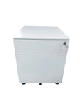 White mobile steel pedestal with two drawers, lock mechanism on the front and lockable castors