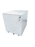 White mobile steel pedestal with two drawers, lock mechanism on the front and lockable castors