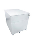 White mobile steel pedestal with two drawers, lock mechanism on the front and lockable castors