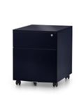 Black mobile steel pedestal with two drawers, lock mechanism on the front and lockable castors