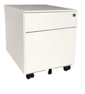 White mobile steel pedestal with two drawers, lock mechanism on the front and lockable castors