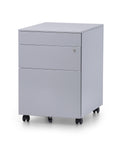 Silver mobile steel pedestal with three drawers, lock mechanism on the front and lockable castors