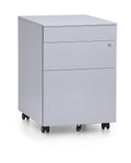 Silver mobile steel pedestal with three drawers, lock mechanism on the front and lockable castors