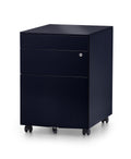 Black mobile steel pedestal with three drawers, lock mechanism on the front and lockable castors