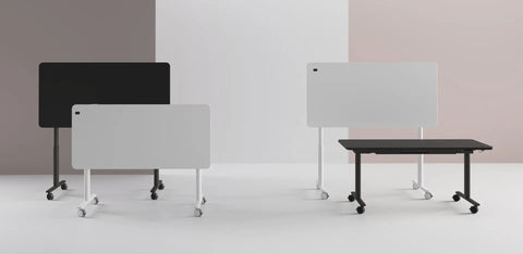 Four Jojo Electric Folding Tables in black and white with castor feet, shown folded and in desk mode for versatile workspace use