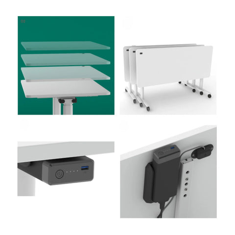 Collage of Jojo Electric Folding Table in white with castor feet, showing height adjustment, foldable storage, USB charging port, and rechargeable battery