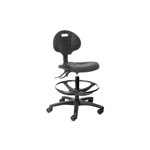 Lab300 chair with drafter, acid-resistant PU foam, ergonomic adjustments and steel foot ring for laboratories, healthcare and universities