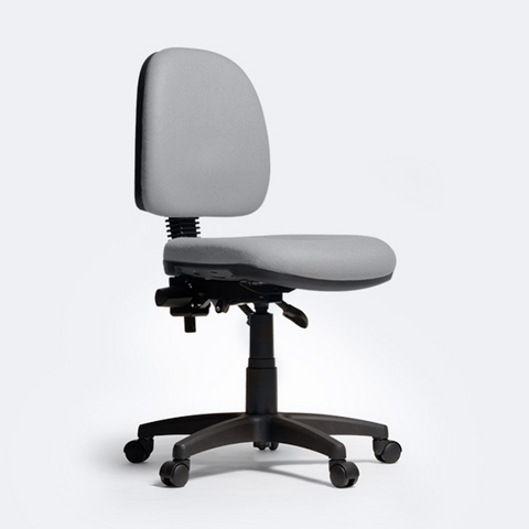Gray Mars operator chair with ergonomic 3 lever mechanism, adjustable seat and back height, black nylon base, and AFRDI approved comfort design.