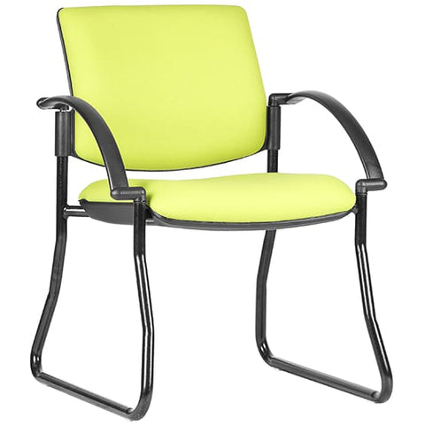 Maxi yellow upholstered visitor chair with black sled base and armrests.