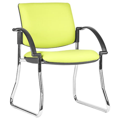 Maxi yellow upholstered visitor chair with black armrests and chrome finish sled base