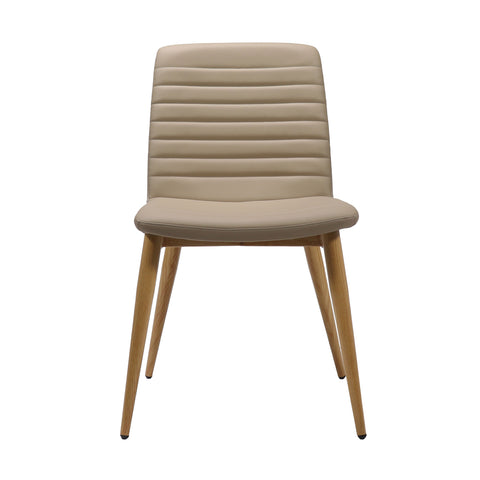 Pixel 4 Leg Chair upholstered in beige PU leather with ribbed stitching detail and ash timber-look 4-leg base