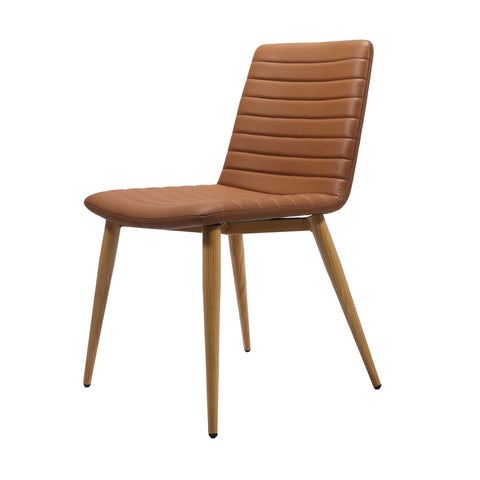 Pixel 4 Leg Chair upholstered in brown PU leather with ribbed stitching detail and ash timber-look 4-leg base
